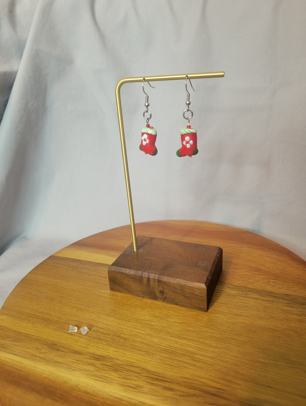 Hand Crafted Red & Green Stocking Charm Earrings Glass & Stainless Steel